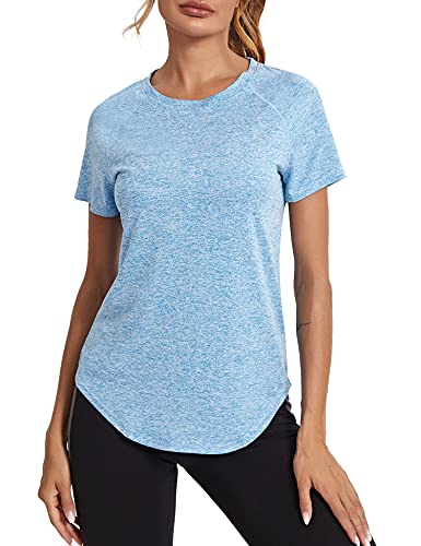 Wayleb Sport Tshirts Damen Sport Shirts für Damen Mesh Oberteile Schnell Trocken T-Shirt Fitness T-Shirt Kurzarm Funktionsshirt Gym Yoga Tops Himmelblau，M von Wayleb