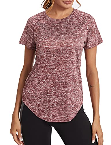 Wayleb Sport Tshirts Damen Sport Shirts für Damen Mesh Oberteile Schnell Trocken T-Shirt Fitness T-Shirt Kurzarm Funktionsshirt Gym Yoga Tops Rotwein，L von Wayleb