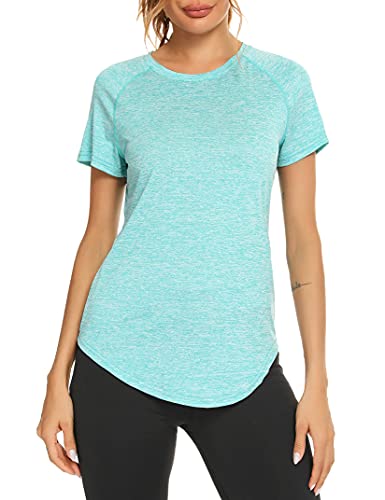 Wayleb Sport Tshirts Damen Sport Shirts für Damen Mesh Oberteile Schnell Trocken T-Shirt Fitness T-Shirt Kurzarm Funktionsshirt Gym Yoga Tops Blau，M von Wayleb