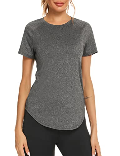 Wayleb Sport Tshirts Damen Sport Shirts für Damen Mesh Oberteile Schnell Trocken T-Shirt Fitness T-Shirt Kurzarm Funktionsshirt Gym Yoga Tops Dunkelgrau，M von Wayleb