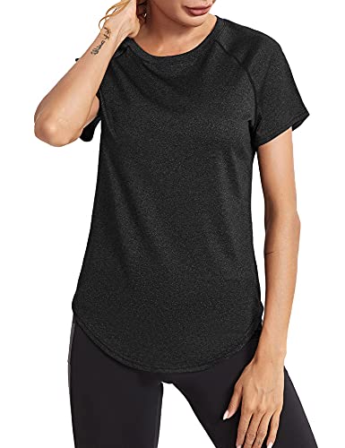 Wayleb Sport Tshirts Damen Sport Shirts für Damen Mesh Oberteile Schnell Trocken T-Shirt Fitness T-Shirt Kurzarm Funktionsshirt Gym Yoga Tops Schwarz，M von Wayleb