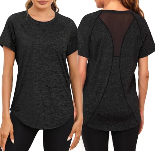 Wayleb Sport Tshirts Damen Kurzarm Rundhals Schnell Trocken Laufshirt Sportshirt Back Mesh Atmungsaktiv Funktionsshirt Fitness Gym Yoga T-Shirt Oberteile Tops, Schwarz M von Wayleb