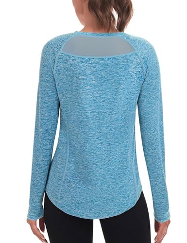 Wayleb Damen Sportshirt Langarm Rundhalsausschnitt Mesh am Rücken Lässig Funktionsshirt für Gym Übungen und Gruppe Training Tops Blau S-XXL von Wayleb