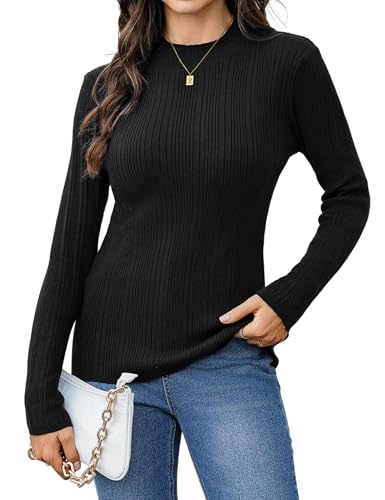 Wayleb Damen Strickpullover mit Stehkragen, Langarm Gerippter Rollkragenpullover Elegant Feinstrick Strickpulli Einfarbig Rolli Sweater für Herbst Winter, Schwarz XXL von Wayleb