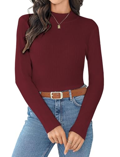 Wayleb Damen Strickpullover mit Stehkragen, Langarm Gerippter Rollkragenpullover Elegant Feinstrick Strickpulli Einfarbig Rolli Sweater für Herbst Winter, Weinrot XXL von Wayleb