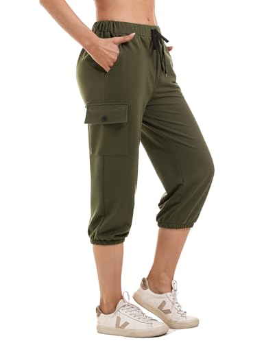 Wayleb Damen Sweatpants Cropped Jogger Sporthose 3/4 Hose Damen Capri Hose Sommer Casual Fit Trainingshose Lounge Lose Tunnelzug Hose mit Seitentaschen für Yoga Laufen Fitness Armeegrün M von Wayleb
