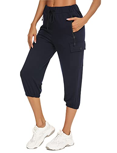 Wayleb Damen Sweatpants Cropped Jogger Sporthose 3/4 Hose Damen Capri Hose Sommer Casual Fit Trainingshose Lounge Lose Tunnelzug Hose mit Seitentaschen für Yoga Laufen Fitness Navy blau L von Wayleb