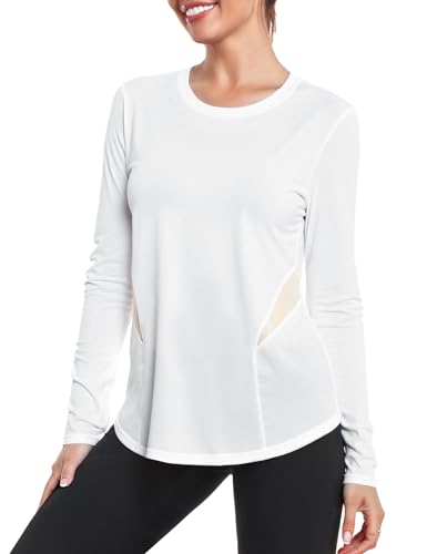 Wayleb Damen T-Shirt Langarm Rundhals Mesh an den Seiten Belüftend Activewear für Workout Einheiten und Krafttraining Shirts Off White S-3XL von Wayleb