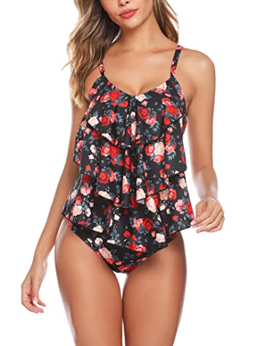 Wayleb Tankini Damen Bauchweg Zweiteiler Badeanzug Volant Push up Bademoden Tankini Set mit Shorts Verstellbare Träger Badeanzüge für Damen S-XXXL von Wayleb