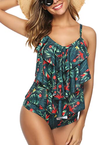 Wayleb Tankini Damen Bauchweg Zweiteiler Badeanzug Volant Push up Bademoden Tankini Set mit Shorts Verstellbare Träger Badeanzüge für Damen S-XXXL von Wayleb