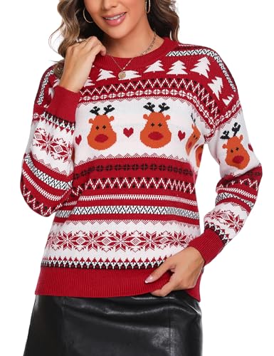 Wayleb Damen Weihnachtspullover Rentier Ugly Christmas Sweater Familie Pullover Rundhals Strickpulli Langarm Herbst Winter Warm Oberteil von Wayleb