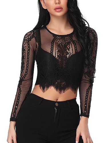 Wayleb Dirndl Bluse Damen Langarm Spitzenbluse Oberteil Rundkragen Mesh Top Transparente Dirndl Bluse Party Spitze, Schwarz XXL von Wayleb