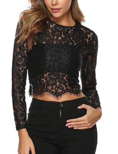 Wayleb Mesh Oberteil Damen Langärmlig Dirndlbluse Rundhals Transparente Spitzen Bluse Partyoberteil Elegant Lace Top, Schwarz M von Wayleb