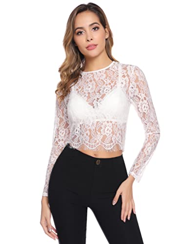 Wayleb Oberteil Damen Sexy Mesh Langarm-Oberteil Spitze Transparente Dirndlbluse Spitzenbluse Langärmlige Elegant Durchsichtiges Lace Tops, Weiß M von Wayleb