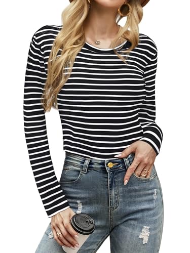 Wayleb Gestreiftes Damen Langarmshirt Rundhals Sport Top für Alltag Sportaktivitäten Shirt mit Stylischer Passform Schwarze Streifen XS-XXL von Wayleb