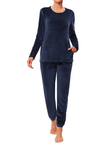 Wayleb Hausanzug Damen Fleece Schlafanzug Set Zweiteilig Rundhals Langarm mit Taschen Bequemer Samt‑Fleece Pyjama für Herbst Winter Sofa Homewear, Navy blau -B, XL von Wayleb