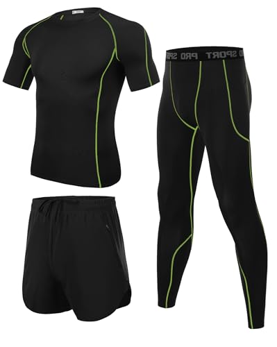 Wayleb Herren Fitness Kleidung Männer Workout Bekleidung Outfit Sportbekleidung 3 Teiliges Kompression Set Trainingsanzug Atmungsaktiv Kompressions Shirts für Herren, Schwarz+Fluoreszierend M von Wayleb