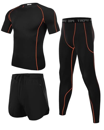 Wayleb Herren Fitness Kleidung Männer Workout Bekleidung Outfit Sportbekleidung 3 Teiliges Kompression Set Trainingsanzug Atmungsaktiv Kompressions Shirts für Herren, Schwarz+Orange M von Wayleb