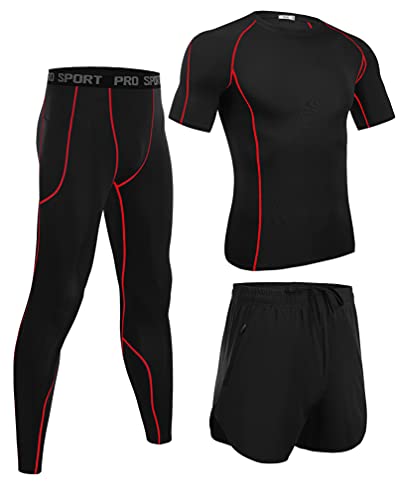 Wayleb Herren Fitness Kleidung Männer Workout Bekleidung Outfit Sportbekleidung 3 Teiliges Kompression Set Trainingsanzug Atmungsaktiv Kompressions Shirts für Herren von Wayleb