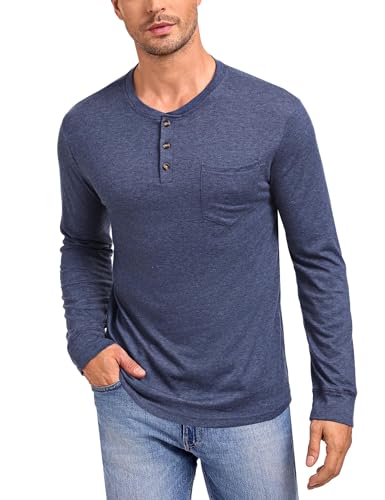 Wayleb Herren Langarmshirt Henley Long Sleeve Shirt Baumwolle Freizeit Langarm Shirt Basic Knopfleiste Longsleeve Tshirt Oberteile mit Brusttasche, Navy blau XL von Wayleb