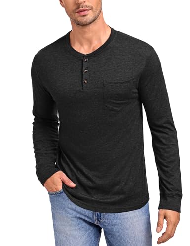 Wayleb Herren Langarmshirt Henley Long Sleeve Shirt Baumwolle Freizeit Langarm Shirt Basic Knopfleiste Longsleeve Tshirt Oberteile mit Brusttasche, Schwarz XL von Wayleb