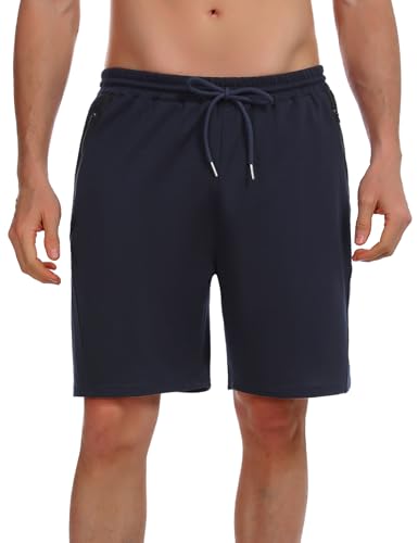 Wayleb Herren Sommer Einfarbig Freizeit Kurze Hosen Strand Shorts Leicht Baumwolle Sweat Sporthose Männer Kurz Jogginghose mit Reißverschlusstasche, Navy Blau S von Wayleb