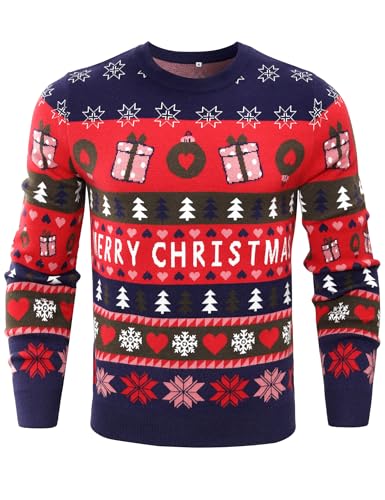 Wayleb Herren Weihnachtspullover Rundhals Merry Christmas Weihnachts Pullis Partner Paare Weihnachten Strickpullover Ugly Christmas Sweater Langarm Knitted Xmas Jumper, Navy blau XL von Wayleb
