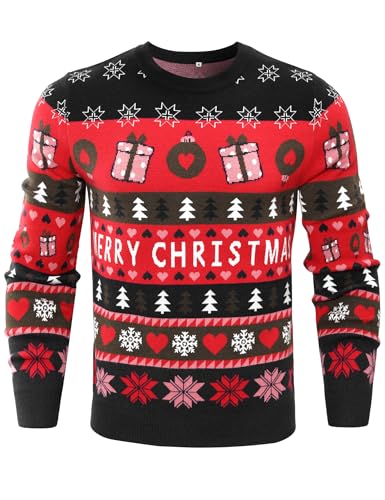 Wayleb Herren Weihnachtspullover Rundhals Merry Christmas Weihnachts Pullis Partner Paare Weihnachten Strickpullover Ugly Christmas Sweater Langarm Knitted Xmas Jumper, Schwarz XL von Wayleb