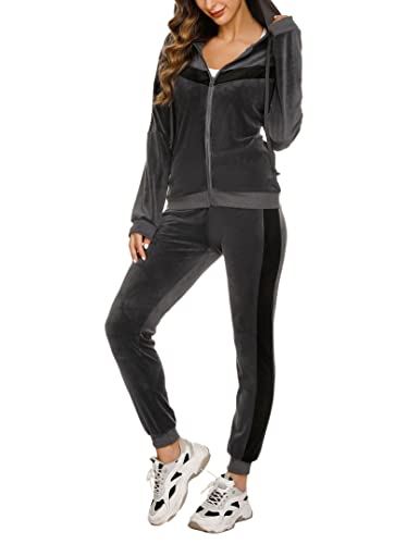 Wayleb Jogginganzug Damen Trainingsanzug Set Velour Sportanzug Anzug 2 Teilig Freizeitanzug Nicki Hausanzug damen Langarm Kapuzenjacke mit Zipper Lange Sporthose mit Kordelzug, Grau, L von Wayleb