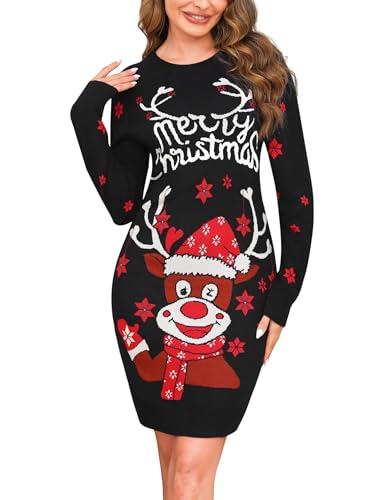 Wayleb Kleid Weihnachten Damen Merry Christmas Weihnachtskleid mit Rentier-Motiv Winter Festlich Weihnachten Pulloverkleid Minikleid Elegant Weihnachts Sweaterkleid, Schwarz M von Wayleb