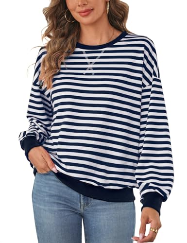 Wayleb Langarmshirt Damen Gestreift Rundhals Leicht Basic Locker Casual Top Casual Sweatshirt Oberteile für Frühling Herbst Alltag Reisen, Marineblaue L von Wayleb