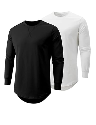 Wayleb Langarmshirt Herren Baumwolle Rundhals Longline T-Shirt Casual Dünn Pullover Longshirt Leicht Longsleeve Einfarbige Langarm Unterhemd Oberteile, Schwarz Weiß Dunkles Heidegrau S von Wayleb