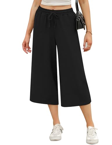 Wayleb Damen 3/4 Hose mit Weitem Bein Leicht Sommerhose Freizeit Palazzo Hose aus Polyster mit Kordelzug Taschen, Schwarz M von Wayleb