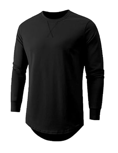 Wayleb Male T-Shirt Langarm Einfarbig Rundhals Longline T-Shirt Baumwolle Casual Longshirts Dünn Herrenpullover Extra Lang Hipster Hip Hop Langarmshirts, Schwarz XXL von Wayleb