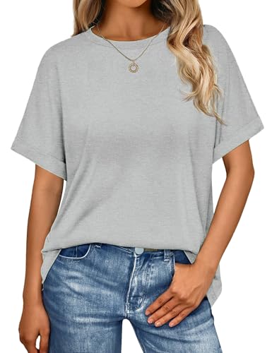 Wayleb Oversize Shirt Damen Sommer Rundhalsausschnitt Workout Tshirts Niedlich Lose Gerollt Kurzarm Tops von Wayleb