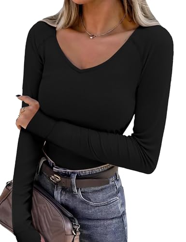 Wayleb Pullover Damen Frühling Langarm Basic Daumenlöchern Shirt V Ausschnitt Longsleeve Herbst Funktionsshirt Elegant Leicht Shirt Schwarz S-3XL von Wayleb