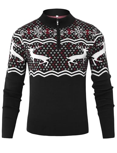 Wayleb Pullover Herren Stehkragen Halber Reißverschluss Strick Weihnachtspullover mit Rentier und Schneeflocken Winterpullover Xmas Pulli für Weihnachtsfeiern, Schwarz S von Wayleb