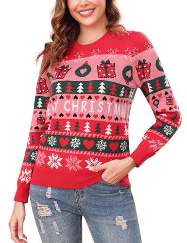 Wayleb Pullover Weihnachten Damen Merry Christmas Ugly Weihnachtspullover Frauen Feinstrick Rundhals Weihnachts Pullis Langarm Winter Weihnachtspulli für Paare Familie, Rot XL von Wayleb