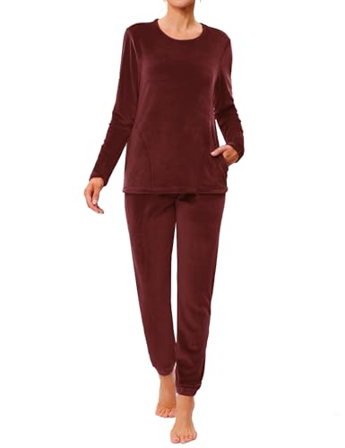 Wayleb Pyjama Damen Schlafanzug Fleece Herbst Winter Lounge Wear Lang Zweiteiliger Freizeitanzug Rundhals Langarm Oberteile mit Tasche und Pyjamahose Homewear Set, Weinrot -B, M von Wayleb