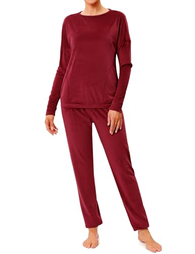 Wayleb Pyjama Damen Set Zweiteilig Rundhals Langarm Schlafanzug Kuscheliger Velours Hausanzug Homewear Nachtwäsche für Zuhause, Weinrot -A, XXL von Wayleb