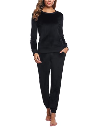 Wayleb Pyjama Set Damen Langarm Velor Schlafanzug Kuschelig Frauen Lounge Wear Set Warm Freizeitanzug Hausanzug mit Lässiger Jogginganzug mit Taschen Zweiteiliger, Schwarz XXL von Wayleb