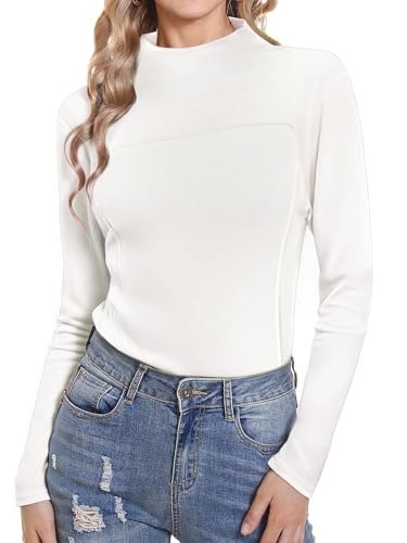 Wayleb Rollkragenshirt Damen Langarm Basic Oberteile Elegant Stehkragen Unterziehshirt Dralon Thermoshirt Casual Longsleeve Einfarbig Stretch Tops, Weiß L von Wayleb