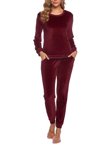Wayleb Pyjama Damen Schlafanzug Flanell Hausanzug Herbst Winter Lounge Wear Lang Zweiteiliger Freizeitanzug Rundhals Langarm Oberteile mit Pyjamahose mit Tasche Homewear 2er Set, Weinrot M von Wayleb