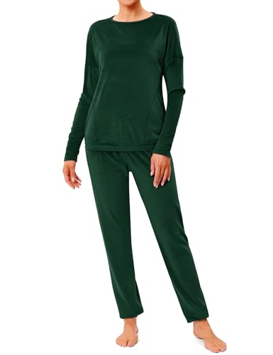 Wayleb Schlafanzug Frauen Lang Pyjama Set Velour Warm Zweiteiler Nachtwäsche Hausanzug Jogginganzug Loungewear für Herbst Winter, Dunkelgrün -A, XL von Wayleb