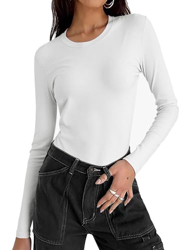 Wayleb Shirt Langarm Damen Baumwolle Herbst Top mit Rundhalsausschnitt Casual Unterziehshirt für Büro und Freizeit Pullover Weiß S-XXL von Wayleb