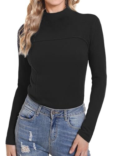 Wayleb Shirt Langarm Damen Elegant Thermoshirt Stehkragen Rollkragenshirt Langarmshirt Casual Einfarbig Thermo Oberteile Warm Langarm T-Shirt Tops Herbst Winter, Schwarz 3XL von Wayleb
