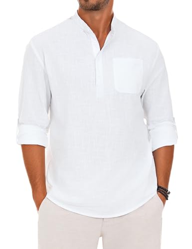 Wayleb Sommerhemd Herren Baumwolle Langarm Henley Kragen Freizeithemd Langarmshirt Casual Strandhemd Sommer Hemden Stehkragenhemd Oberteile mit Tasche, Weiß XL von Wayleb
