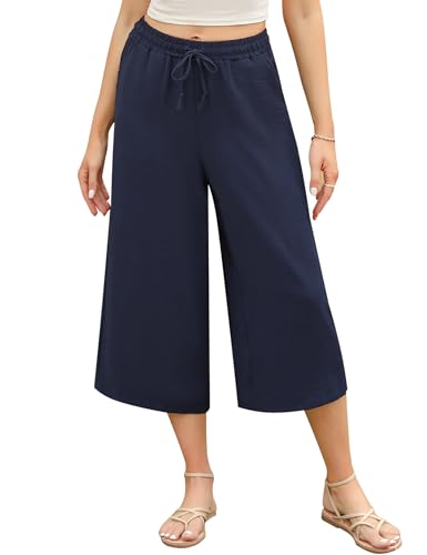 Wayleb Sommerhose Damen Leicht Stoffhose 3/4 Lang Palazzo Hose Casual Wide Leg Pants Elegant Weitem Bein Freizeithose mit Kordelzug, Blau L von Wayleb