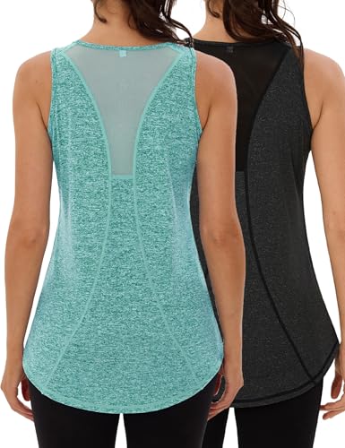 Wayleb Sport Oberteile Damen Ärmelloses 2er Pack Sportshirt Kleidung Rundhals Yoga Tanktops Pilates Joggen Workout Lauftop Back Mesh Atmungsaktiv Sporttop, Schwarz/Seeblau XL von Wayleb