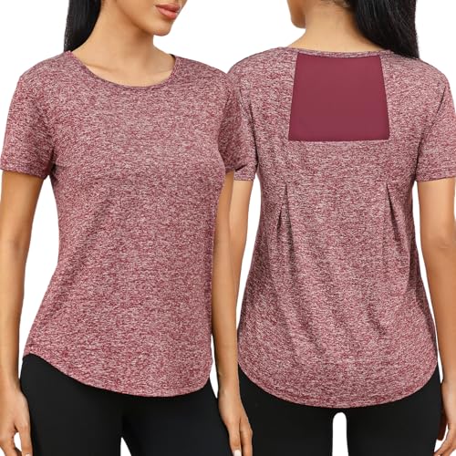 Wayleb Sport T-Shirt Damen Kurzarm Sommer Sportshirt Frauen Locker Gym Oberteil Atmungsaktiv Funktionsshirt mit Rundhalsausschnitt fur Fitness Wandern Trekking, Weinrot XXL Wayleb Sport T-Shirt Damen Kurzarm Sommer Sportshirt Frauen Locker Gym Oberteil Atmungsaktiv Funktionsshirt mit Rundhalsausschnitt fur Fitness Wandern Trekking, Weinrot XXL von Wayleb